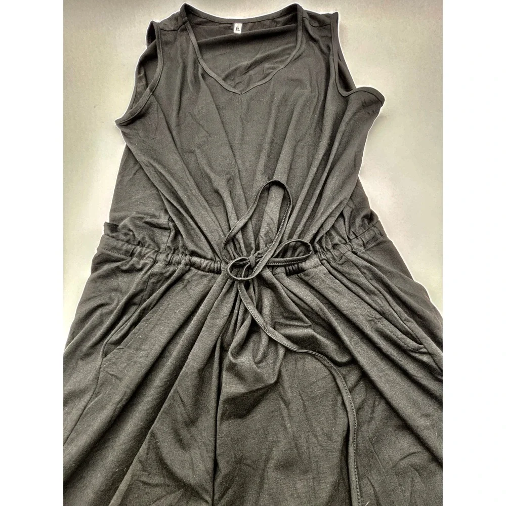 Black Sleeveless V-Neck Midi Dress with Drawstring Waist and Pockets XL - Picture 3 of 7